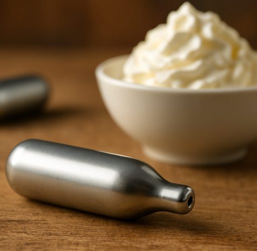 Close-up of silver cream chargers next to a bowl of whipped cream on a wooden surface