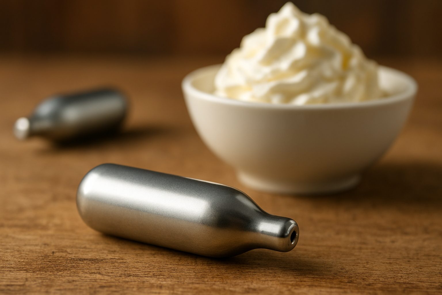 Close-up of silver cream chargers next to a bowl of whipped cream on a wooden surface
